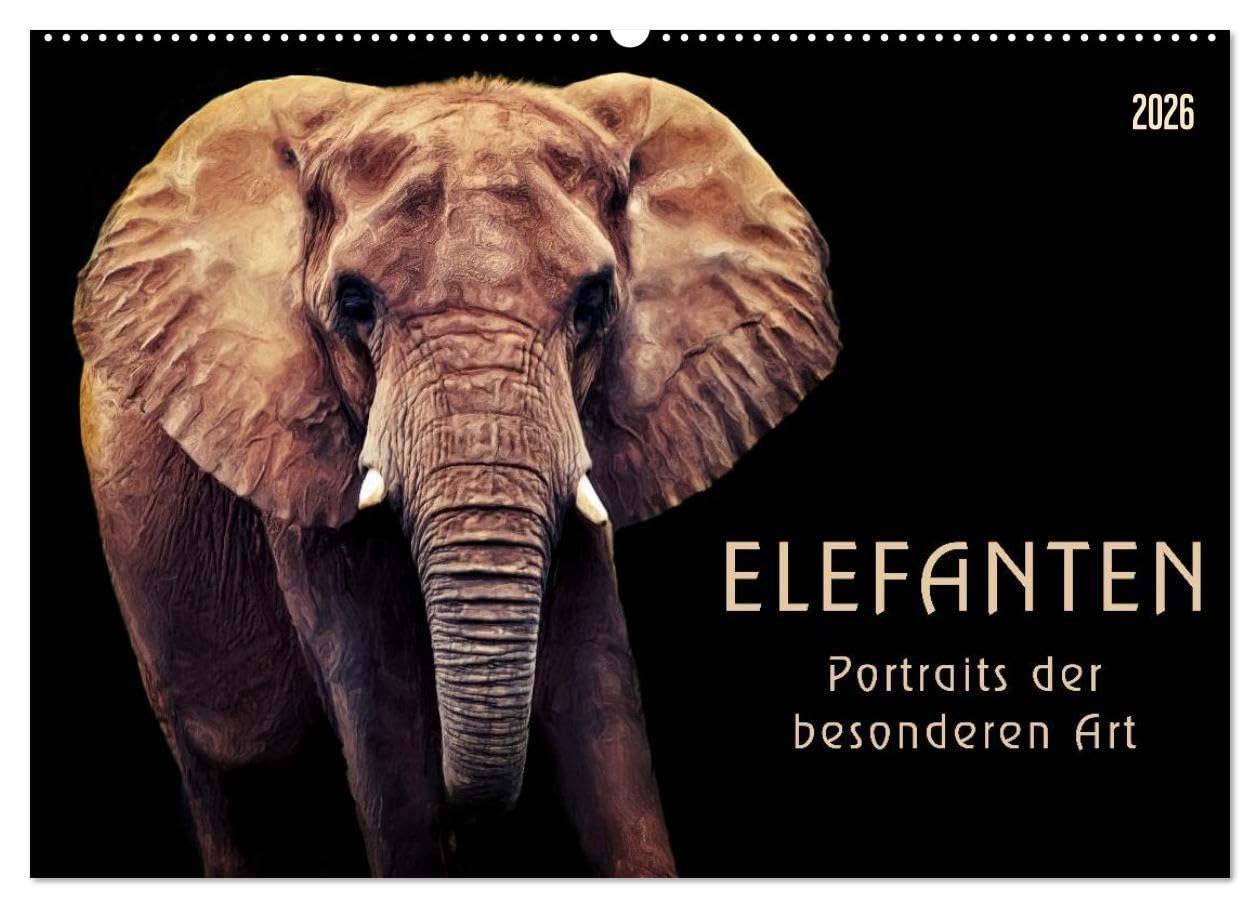 Elefanten - Portraits der besonderen Art (Wandkalender 2026 DIN A2 quer), CALVENDO Monatskalender: Wunderbare Portraits der grauen Riesen - digital gemalt. (CALVENDO Tiere)