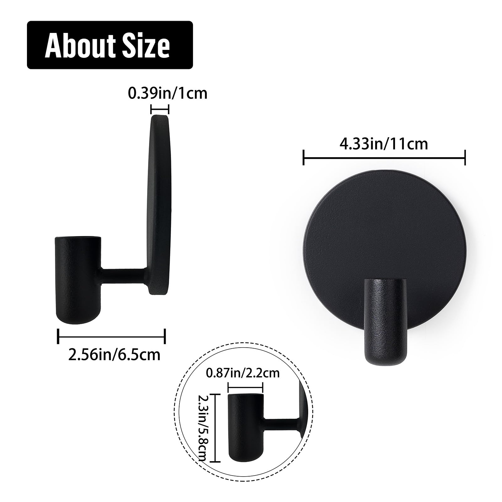 Set di 2 portacandele da parete, in metallo, colore nero opaco, per candele a bacchetta