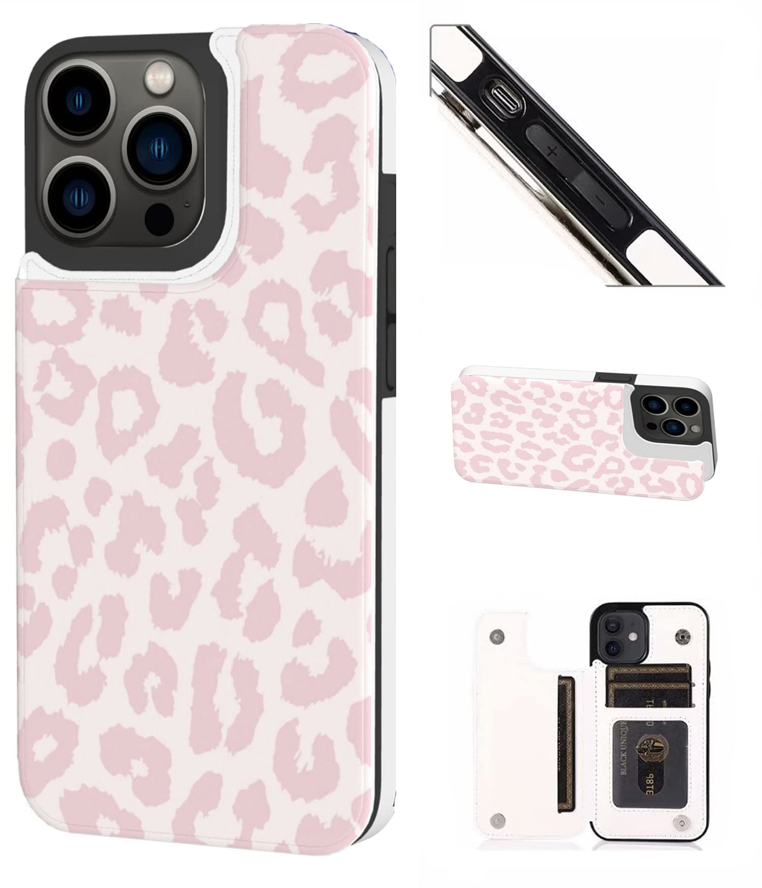 Flip Leather Wallet Case for iPhone 14 Pro Max- Card Holder Kickstand 6.7 Phone Case for Women, Personalized Picture Text Double Magnetic Buttons Shockproof Case (Pink Leopard)