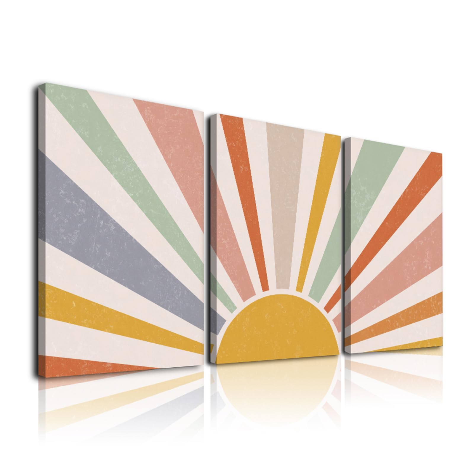 Boho Wall Art Set of 3,Framed Canvas Wall Art Prints Rainbow Sun Rising on Horizon,Abstract Sun Wall Art Bedroom Abstract Geometric Line Art Boho Wall Decor Living Room Office Bathroom Decor,12"x16",Watercolor