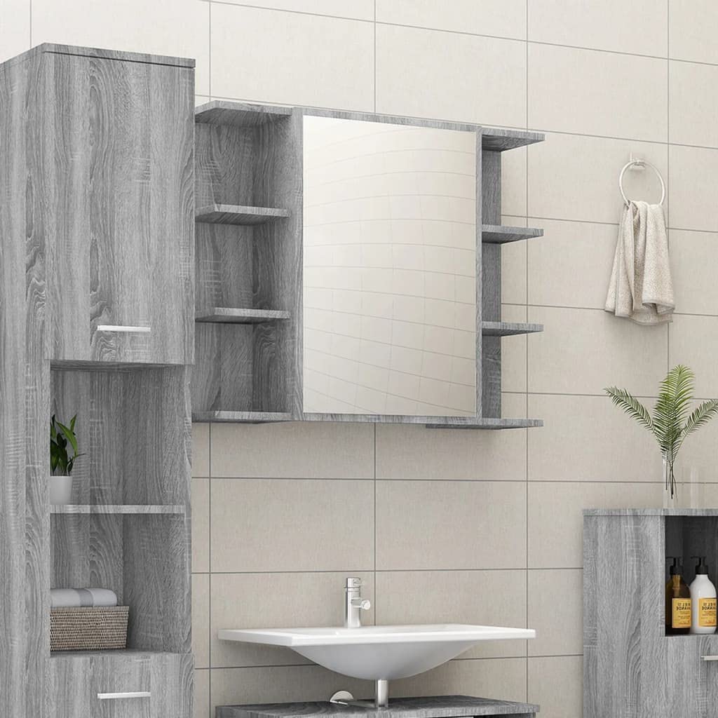Armadietto da bagno con specchio grigio Sonoma, 80 x 20,5 x 64 cm, con anta e mensola, per lavandino con ripiano, cassetto e montaggio per ospiti WC e ristrutturazione