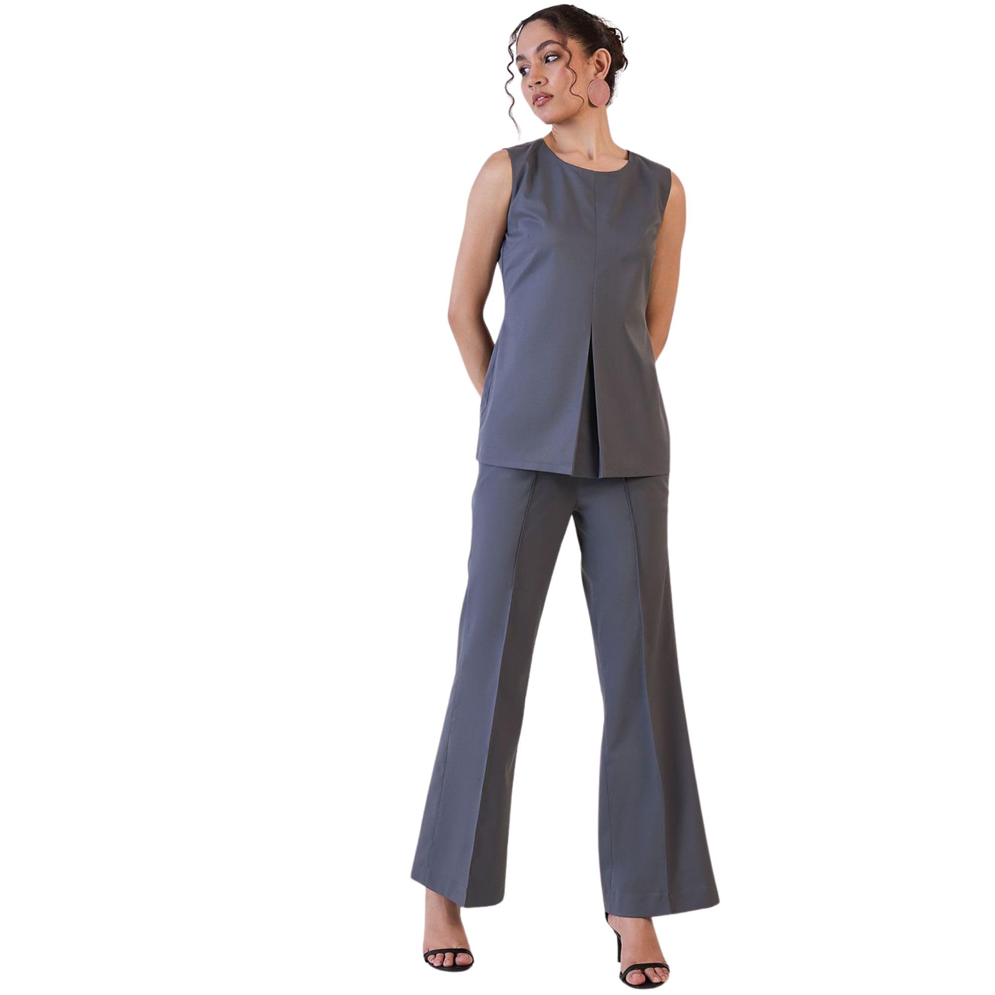 powersutra Women’s Grey Co-Ord Set | Sleeveless Round Neck Top with Flared Trousers | Zip Closure | Stylish Formal & Office Wear | Solid Color Two Piece Set | Casual Top and Pant Set-picture-16
