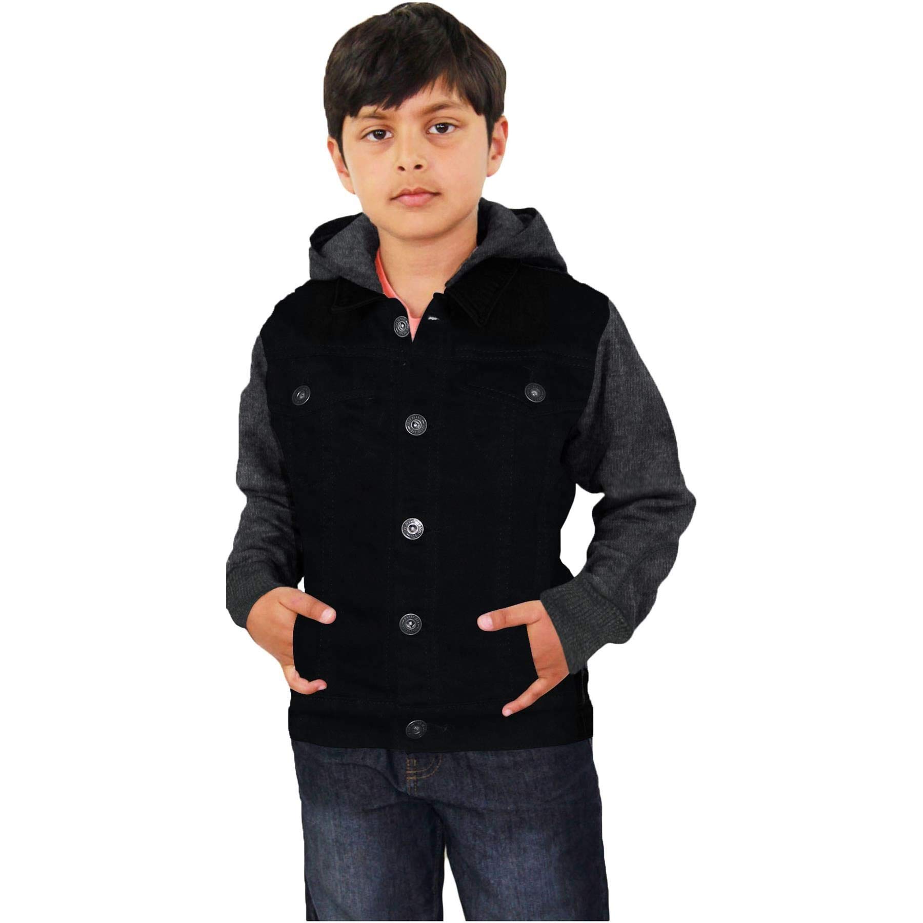 A2Z Kids Boys Denim Jet Black Jacket Fleece Sleeves & Hood Fashion Jacket Coat 2-13Y