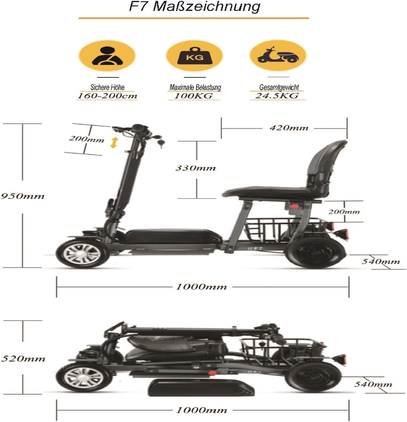 Elektromobil für Senioren, 4 Räder Seniorenmobil Klappbar, Max 15Km/h, bis zu 25KM, Seniorenmobil Mobilitätsroller mit Korb (Blau, Batterie 8AH)