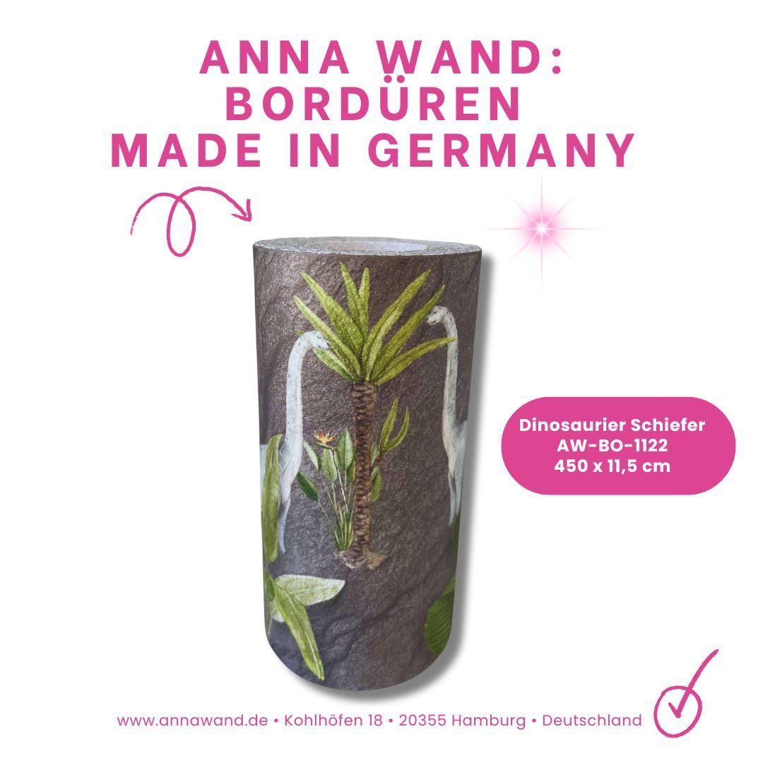 Anna Wand Kinderzimmer Bordüre selbstklebend I Made in Germany I Tapetenbordüre 450 x 11,5 cm I Wandtattoo Mädchen & Junge I DINOSAURIER Schiefer