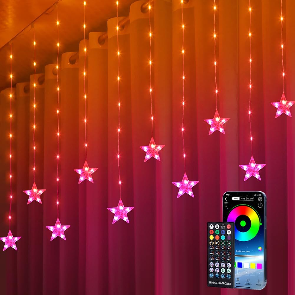 Star Curtain Lights, 10ft x 3.3ft RGB LED Color Changing String Fairy Lights Stars Curtain, Smart APP & IR Remote, 200+ Scene Modes for Bedroom Backdrop Indoor Outdoor Christmas Decorations