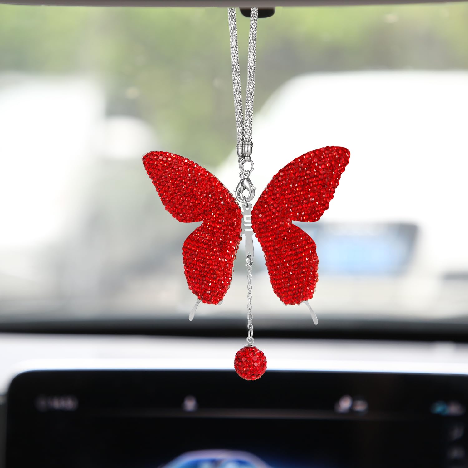 Motyl Wiszaca Ozdoba do Samochodu, Uroczy Zawieszka na lusterko Samochodowe Rhinestone Akcesoria do Zawieszania Lusterek Samochodowych dla Kobiet Mezczyzn (Czerwony)