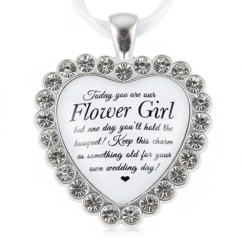 Flower Girl Bouquet Charm Gift – Heart Keepsake with Rhinestones and Sentimental Message, Wedding Day Token, Something Old for Future Bride, Elegant White Ribbon Decoration for Bouquets