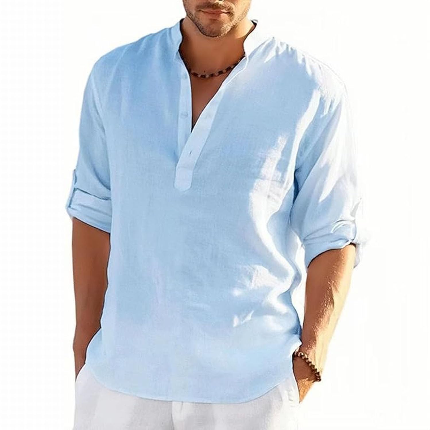 MSIYOW Camisa de Lino Hombre Camiseta Manga Larga Camisa Blanca Casual Top Shirt con Botónes Verano Regular Fit