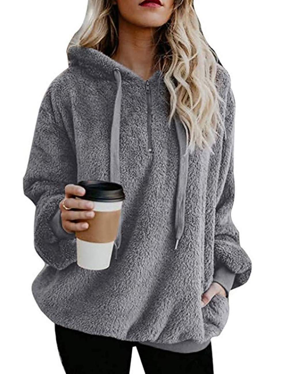 iWoo Bluza z kapturem, damska bluza z kapturem, polar, na jesień, zimę, ciepła, z długim rękawem, jednokolorowa, na co dzień