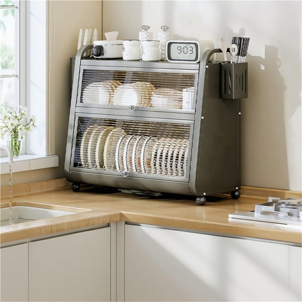 Scolapiatti,scolapiatti da banco,mobiletto portaoggetti con Porta in Acrilico,Struttura Metallo per Cucina Resistente(Nero,20,5x12,6x22,4 Pollici)