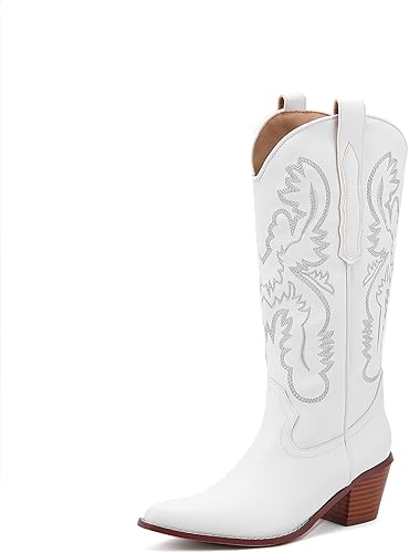 SYHXYHEG Botas vaqueras bordadas para mujer, botas altas hasta la rodilla vaquera, tacón de bloque medio, botines occidentales para mujer con