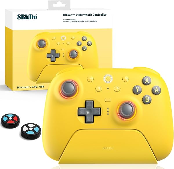 Controller Bluetooth 8Bitdo Ultimate 2 Per Switch 2, Switch, PC Windows, Aggiornamento Joystick TMR, Anello Fuoco RGB, Grilletti Tattili Effetto Hall Commutabili, Vibrazione, L4/R4 Rimappabili, Giallo - 1