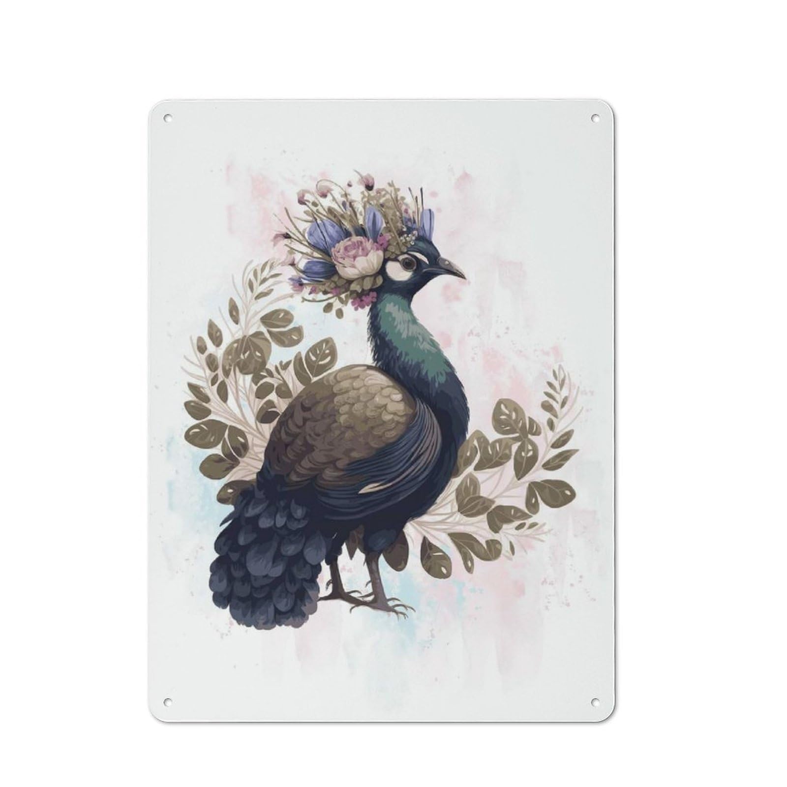 Metal Plaque with Floral Watercolor Peafowl Design 40x30cm, Cosy Diner Style Decor for Coffee Bar, Kitchen, Bistro Or Tea Corner