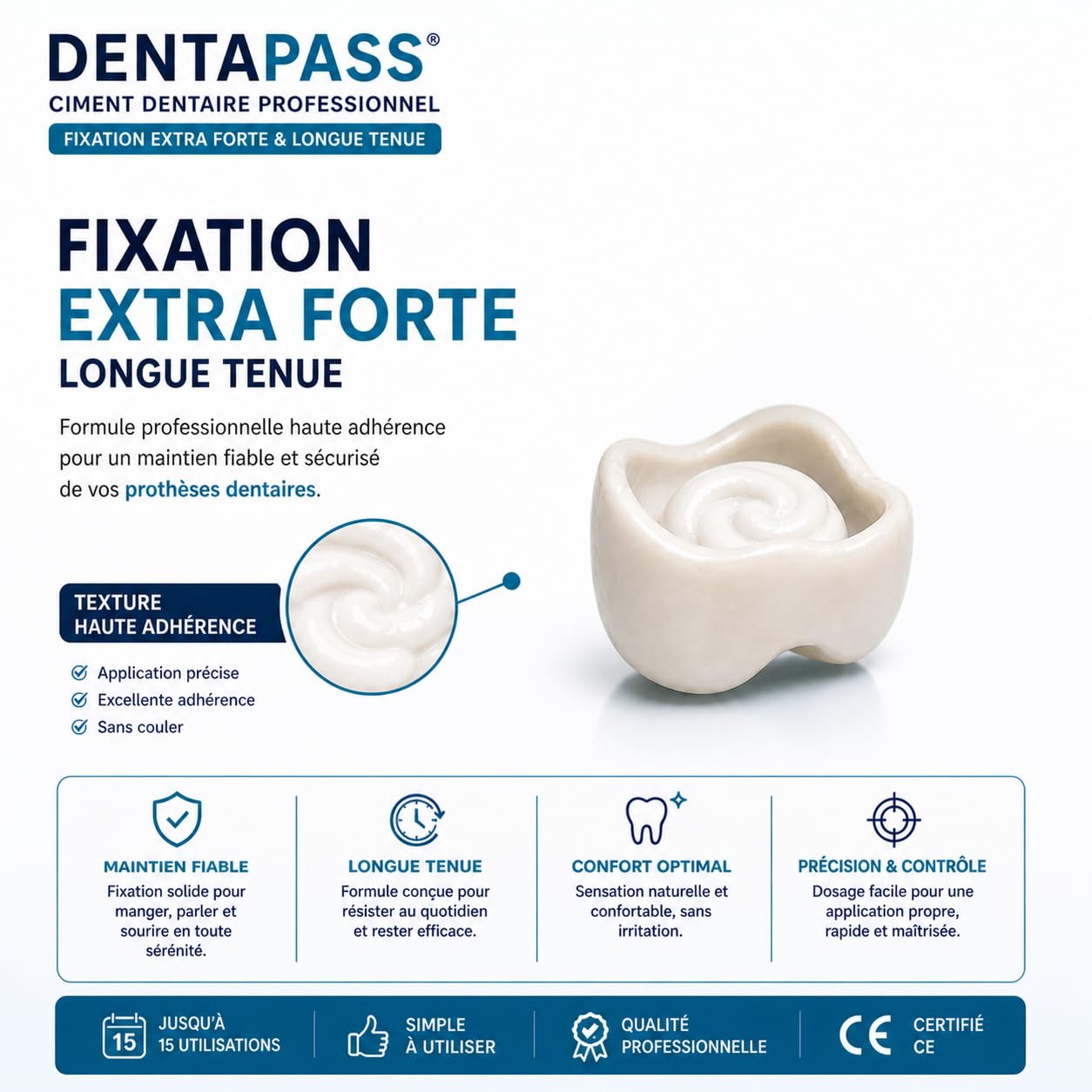 Ciment Dentaire | Colle Dentaire Pour Couronne, Bridge, Dent sur Pivot | Qualité Professionnelle | 15 Utilisations | Application Facile | Certifié CE | Entreprise FR