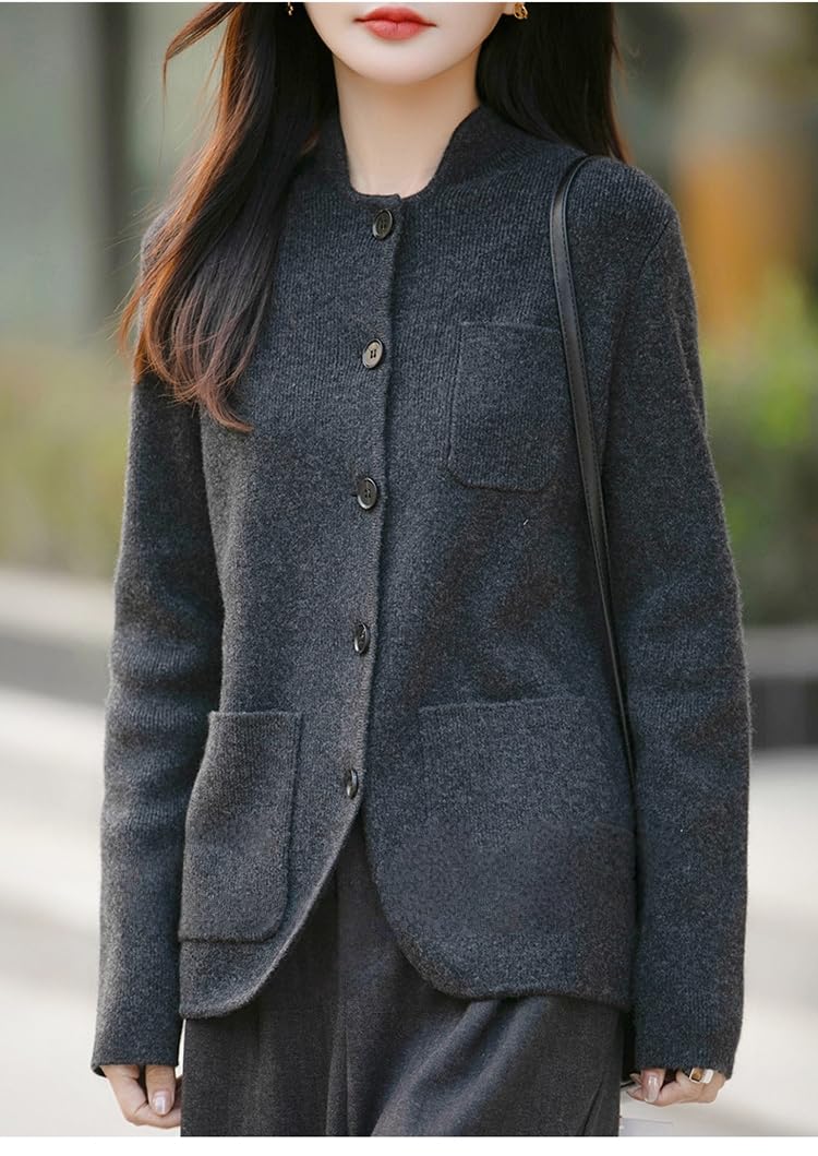 Chaqueta Tipo Blazer Cuello Alto para Mujer, Cárdigan con Múltiples Bolsillos, Botonadura Sencilla, Manga Larga, de Punto Ajustado, Suéter Cálido para Negocios, Oficina, Uso Diario E I