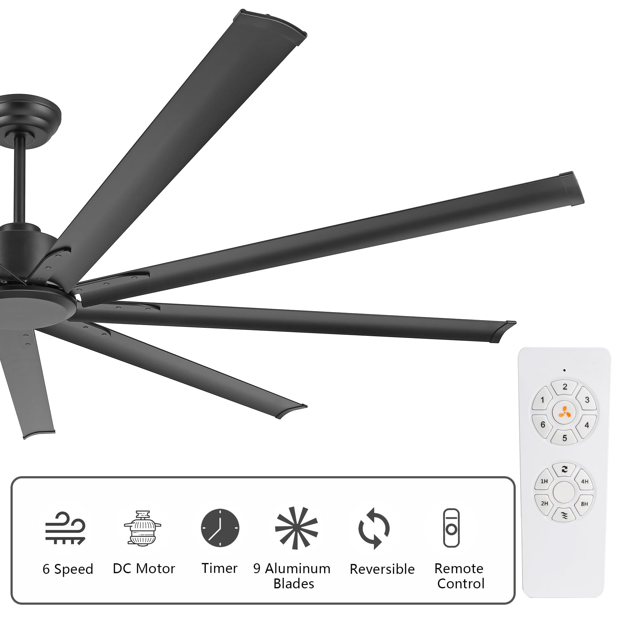 96 Ceiling Fan No Light Black Reversible DC Motor 6 Speed Remote Control Industrial 9 Aluminum Blades with — view 3
