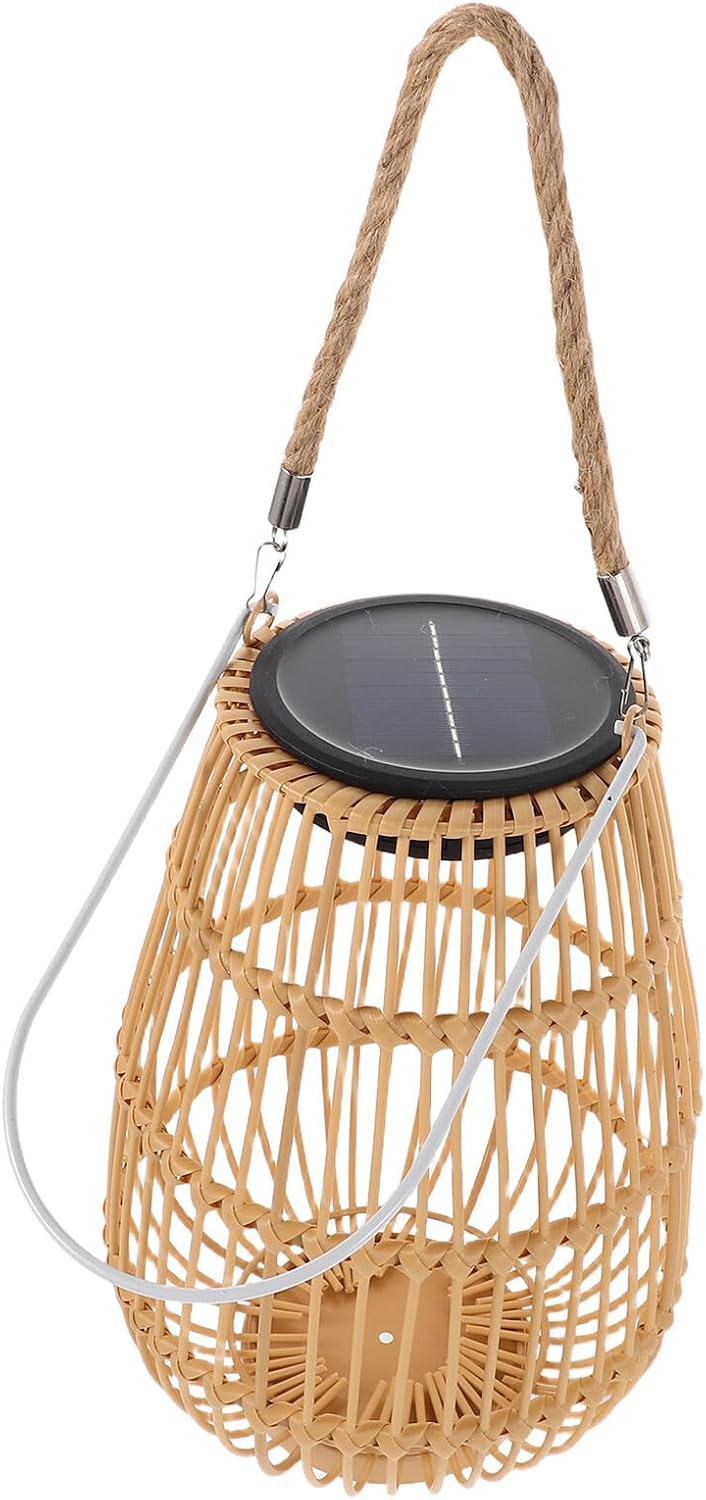 Solar Powered Woven Lantern Outdoor Hanging Solar Lantern for Patio Yard Balcony Iron Faux Rattan Frame Decorative Landscape Path Lamp