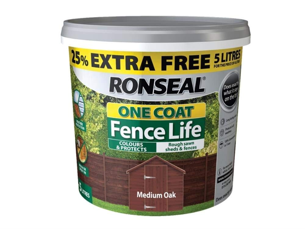 Ronseal RSLFLMON4LAV One Coat Fence Life Medium Oak New 4 Litre +25%