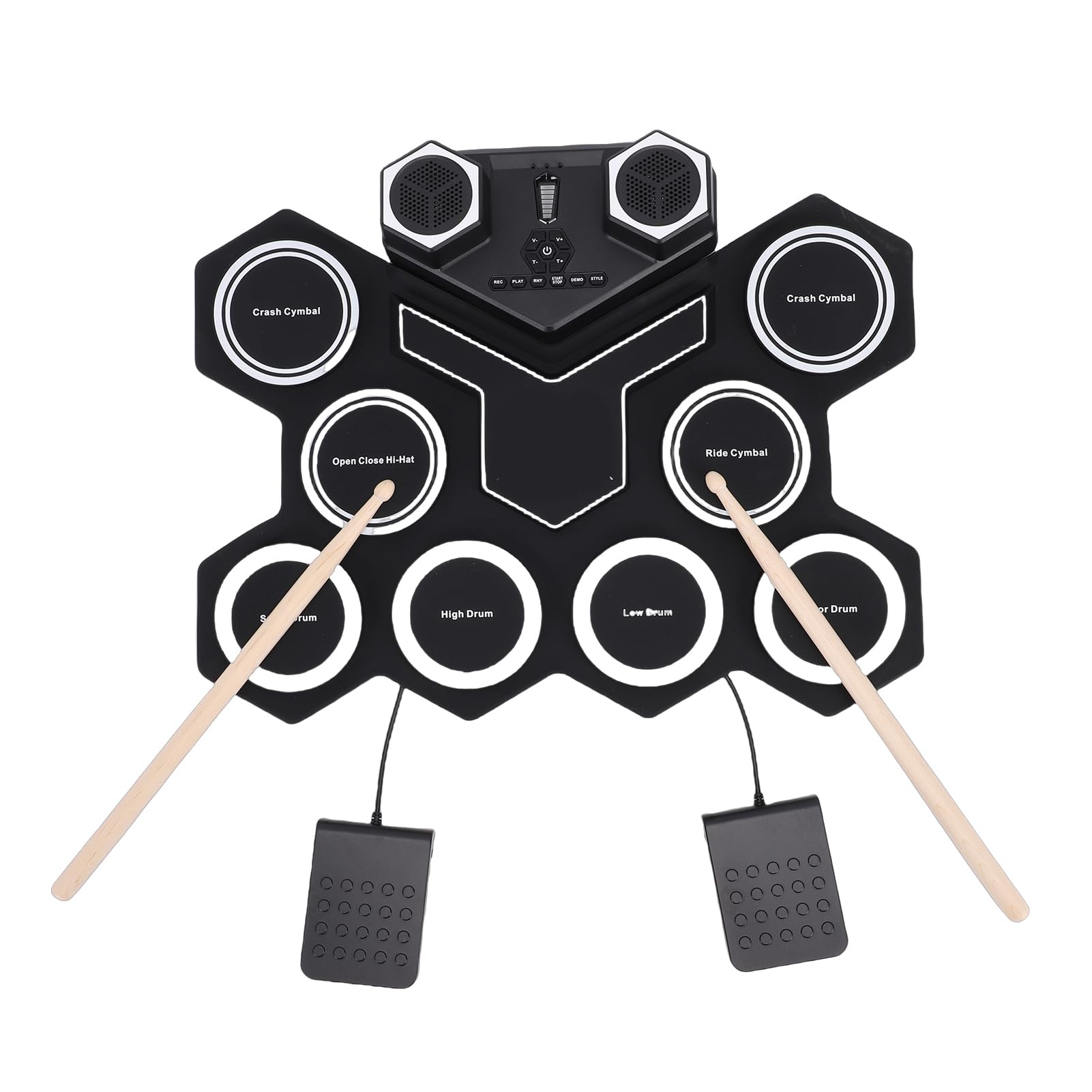 Jeffergarden Elektronisches Schlagzeug-Set, Tragbares Silikon-Pad mit 2 Pedalen und Sticks, Zwei Lautsprechern, Ideal für Kinder und Anfänger Zum Üben