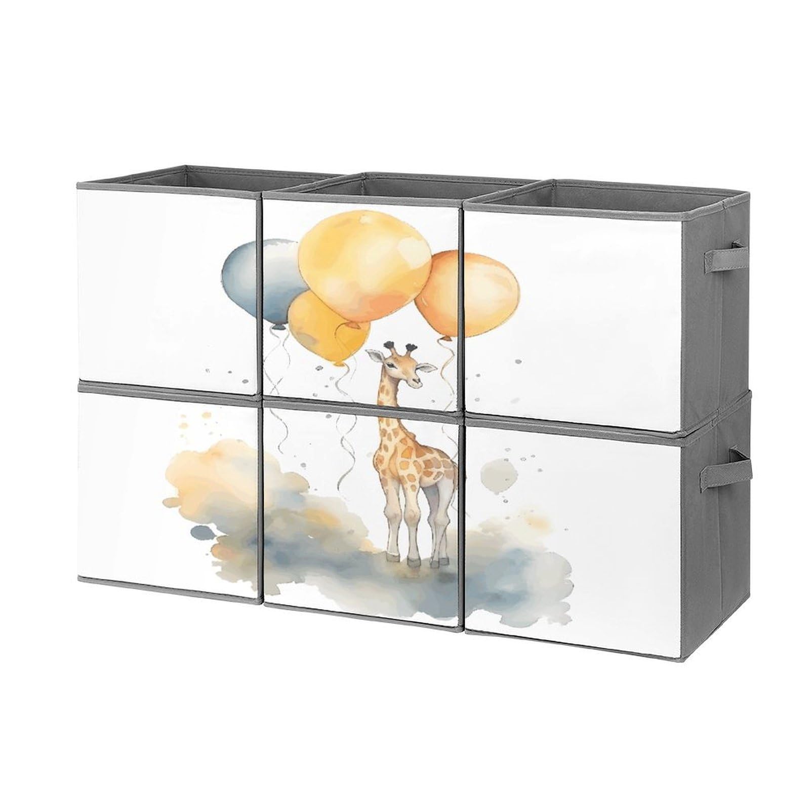 Btcowzrv Style Hand Drawn Giraffe Storage Cubes, 6 Pack Oxford Fabric Foldable Collapsible Bins With Handles, Cubby Storage Baskets Boxes For Closet Shelves Office Organization