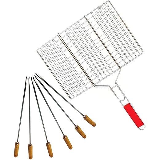 TRIMART BBQ Grill Net Basket + Skewers 2 cm