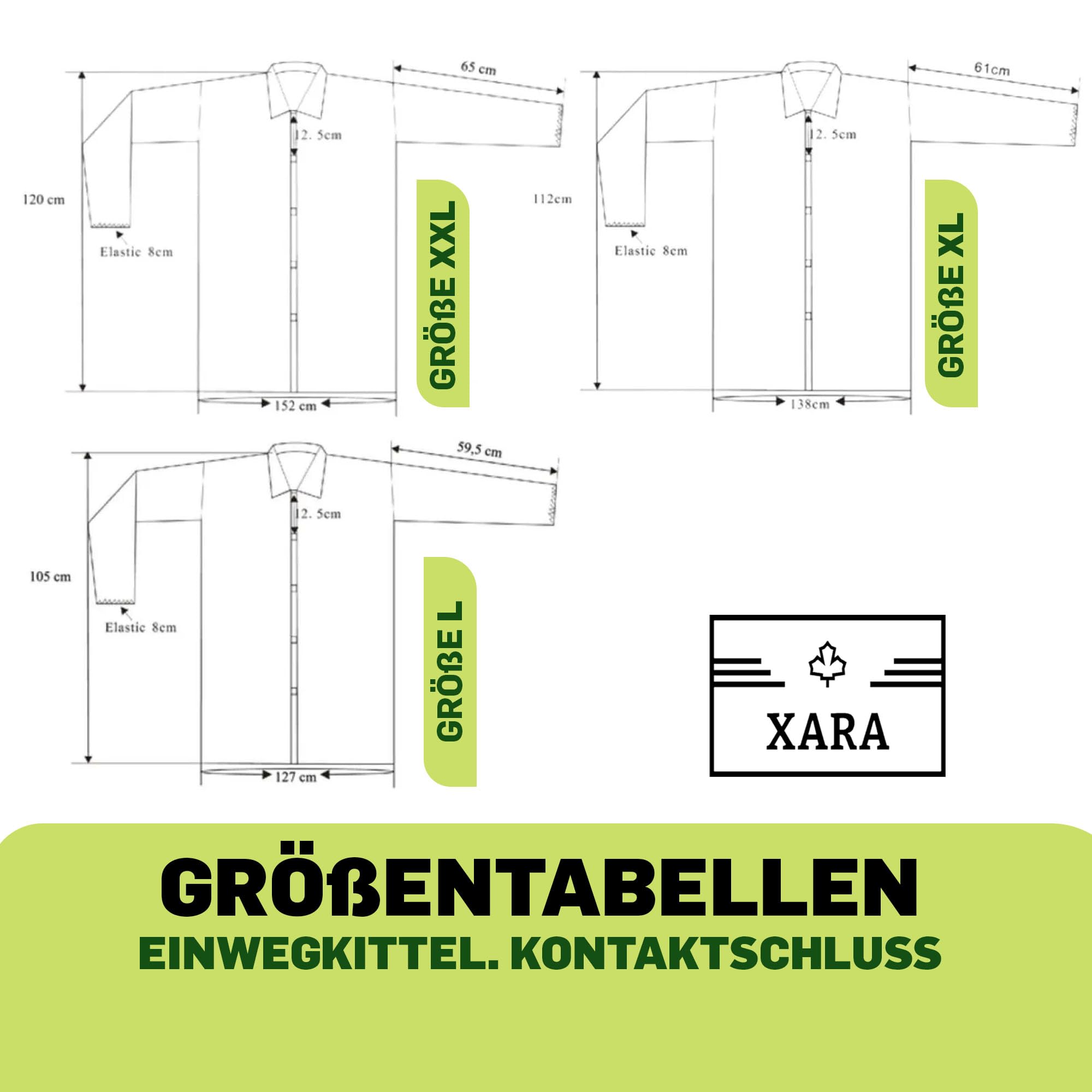 XARA Schutzkittel Einweg - Einweg-Schutzkittel – Einwegkittel – Einheitsgröße - Größe XL -112 x 138cm - TNT Polypropylen 35 gr - Einwegkittel mit Kontaktverschluss - Atmungsaktiv - 10 Stück