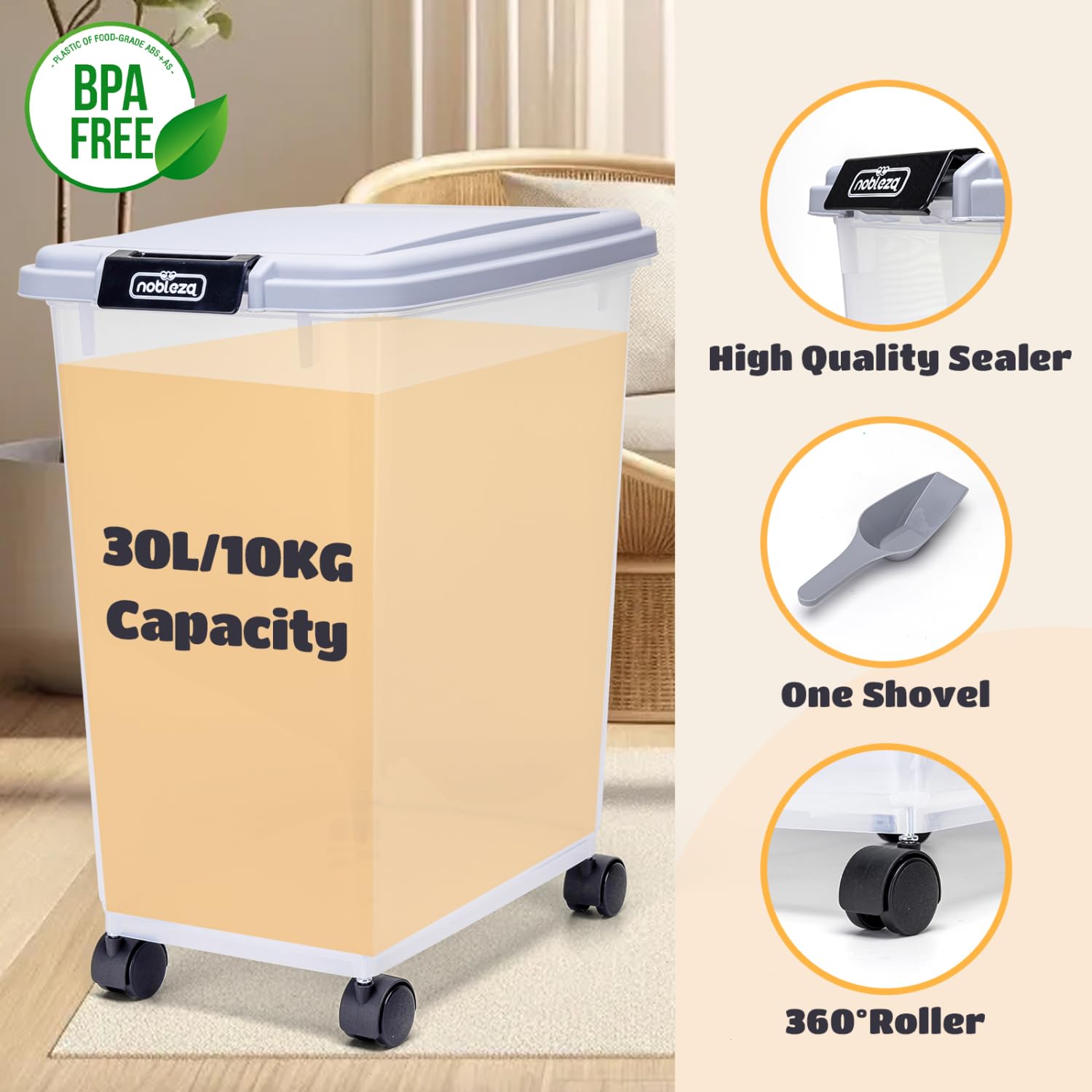 Nobleza - 2 Pezzi Contenitore per Animali da 30 L, Animali Domestici Scatola di Alimenti con Ruote Contenitore, Coperchio Ribaltabile, Ermetico, Trasparente, Ruote e Pala, per Cibo per Cani e Gatti