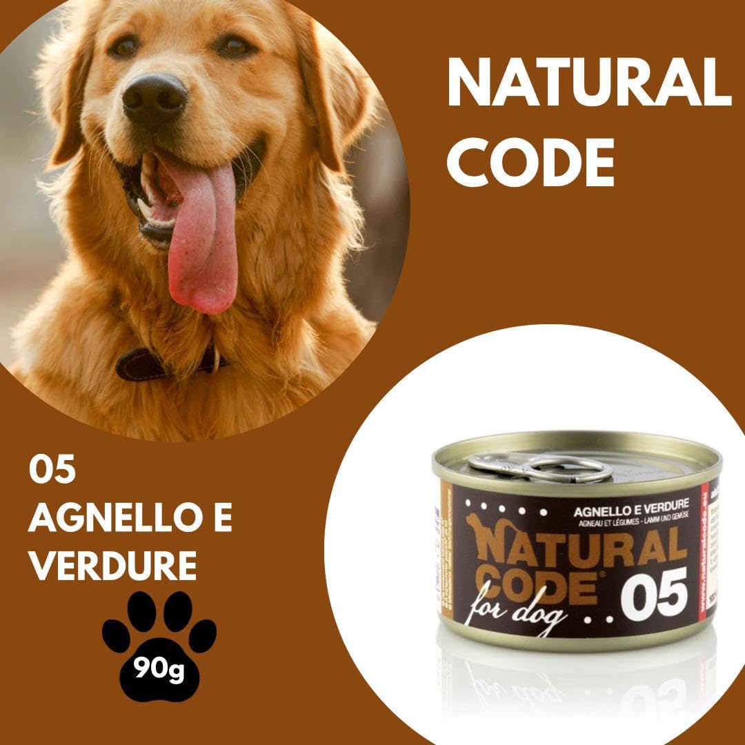 Natural Code Humido Chien Numéro 05 goût Agneau et légumes, aliment complet en emporte-pièces pour chiens adultes de toutes tailles et races en canettes | 12 boîtes de 90 grammes chacune, 12 x 90 g.