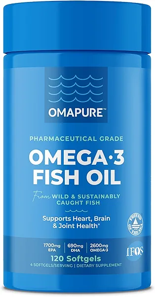 OMAPURE Fish Oil Supplements with Omega 3 Fatty Acids (1 Bottle, 120 Softgels) - High EPA, DHA, & IFOS Fish Oil Pills Support Heart & Joint Health - Burpless Fish Oil Promotes Brain Function