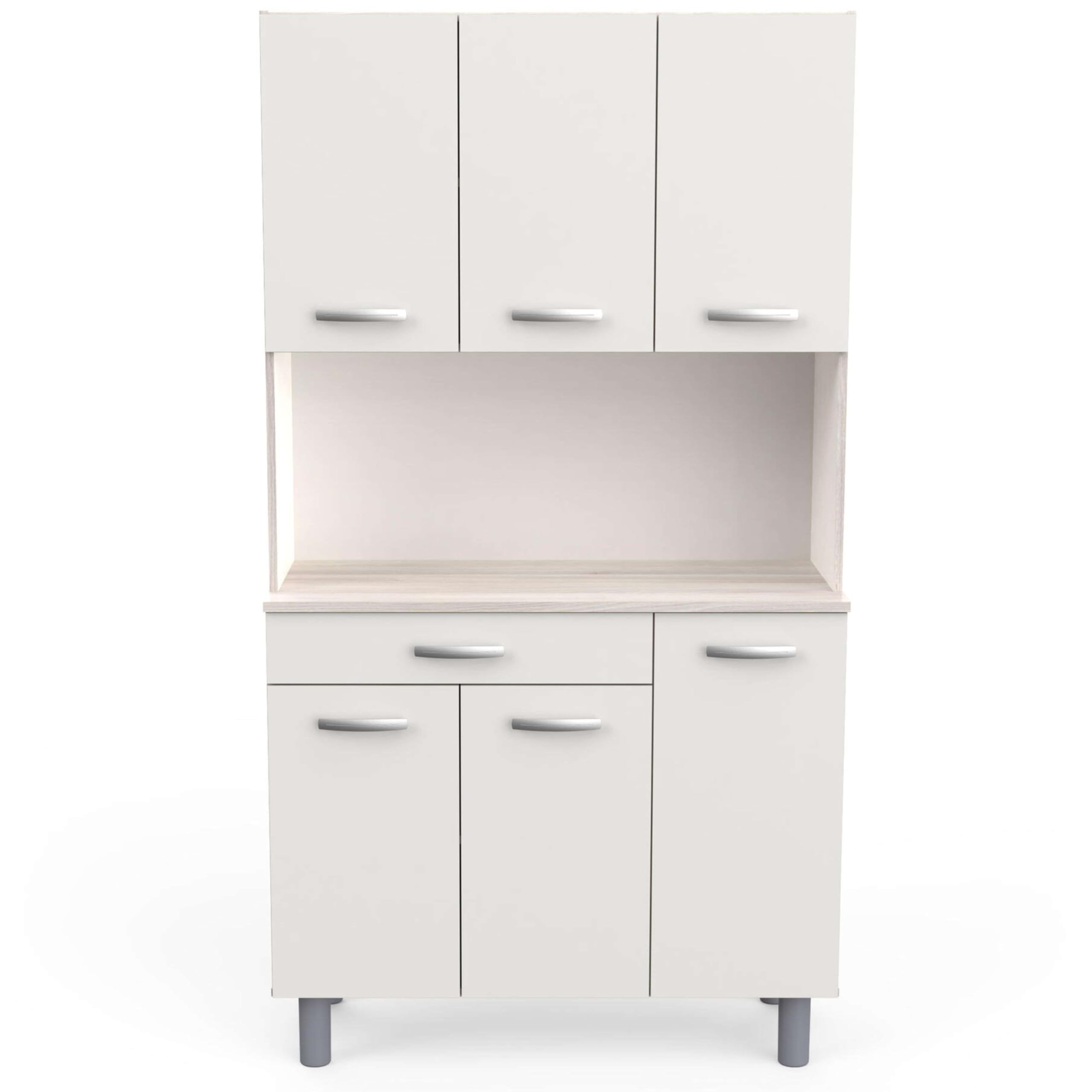 Mueble Auxiliar Cocina, Armario Cocina, Alacena Cocina Buffet 6 Puertas Blanco y Roble Acacia 101x185 cm