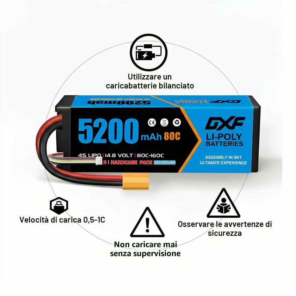 DXF Batteria LiPo 4S 14.8V 5200mAh 80C Spina XT90 Auto RC 1/8 1/10 Truck Buggy Touring Car Compatta Leggera Potente Affidabile Gare Racing Modellismo 1 Pezzo