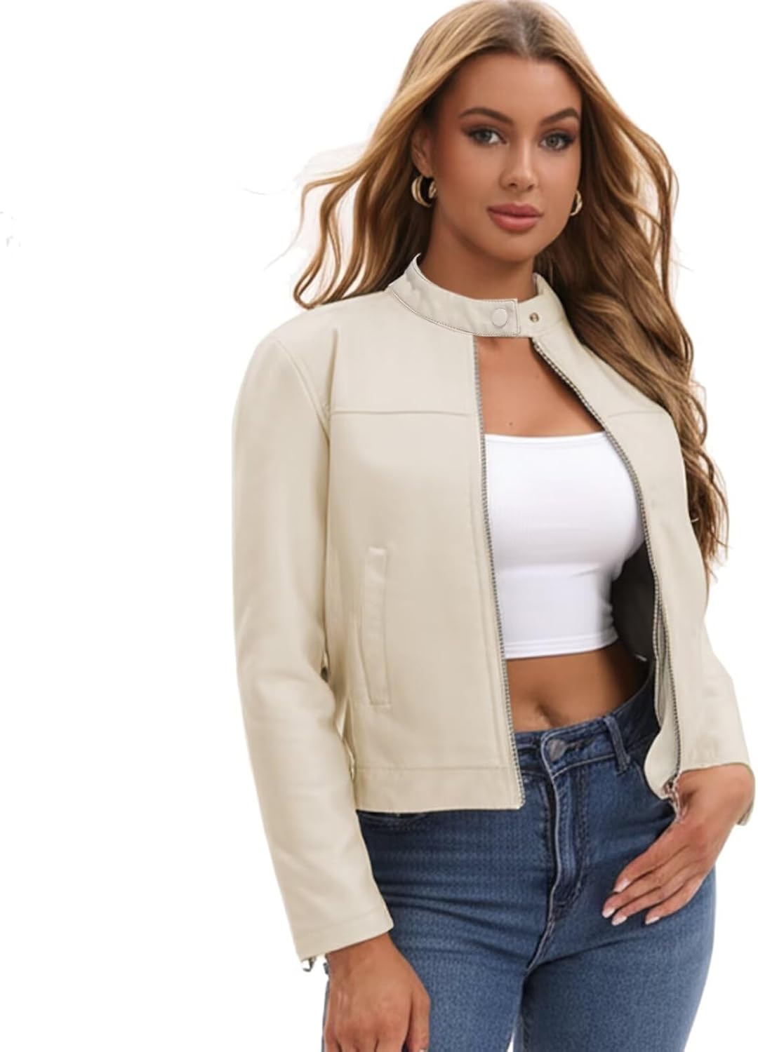 CHIGUO Women's Faux Leather Motorcycle Jacket Casual Zip-Up Biker Trendy Coat with Pockets