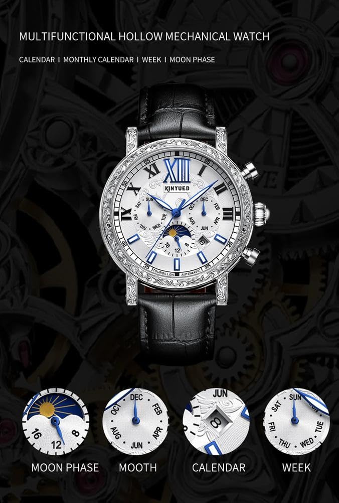 Tourbillon Herren-Armbanduhr, automatisch, mechanisch, Leder, leuchtend, Zeiger, Kalender, multifunktional