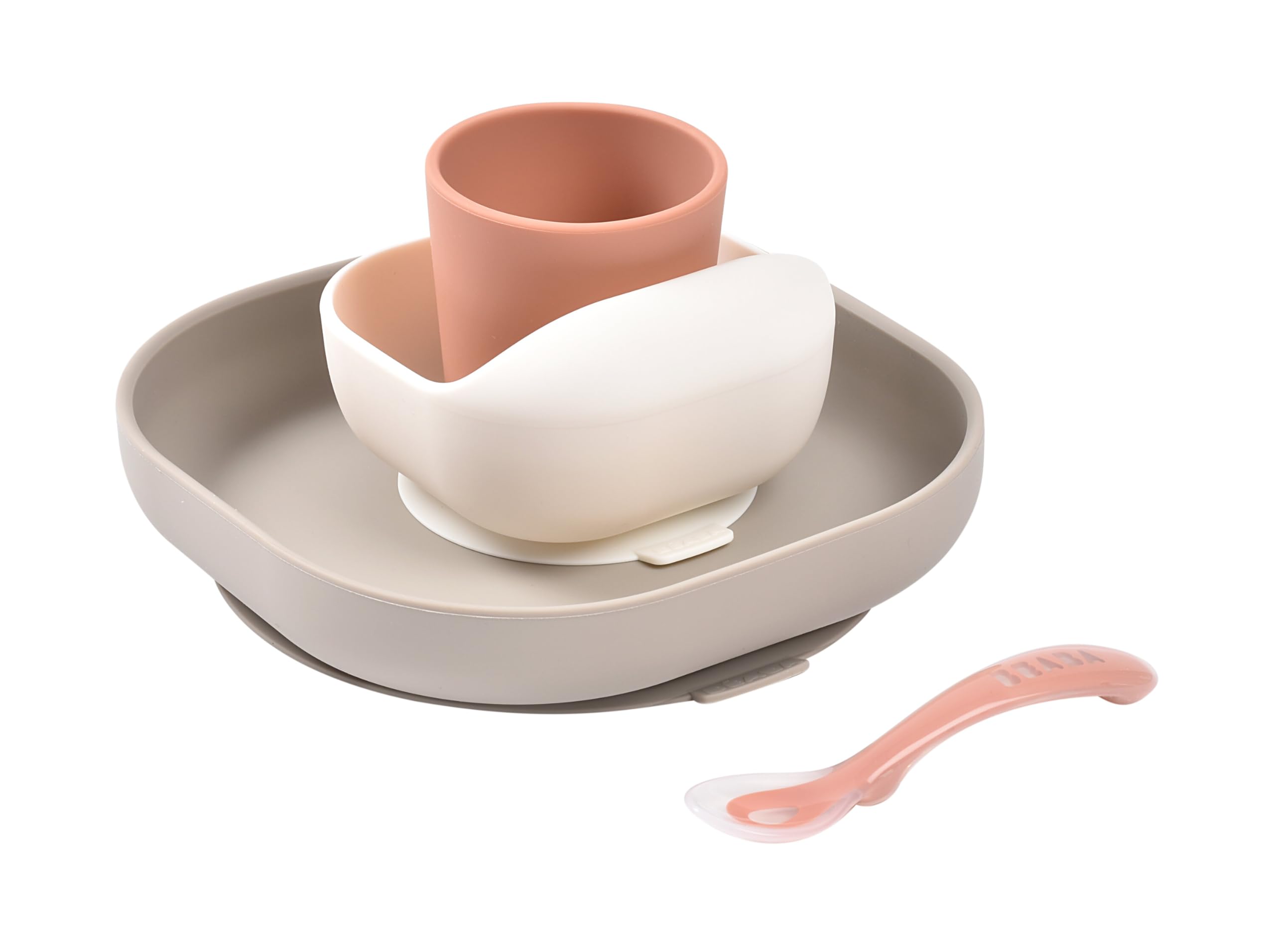 Beaba Silicone 4 Piece Baby Feeding Set, Suction Plates for Kids, Includes Plate, Bowl, Cup and 2nd Stage Spoon, Food Safe Silicone, Non-Slip Bottom, Ergonomic, Microwave Safe, 4m+, Terracotta-picture-17