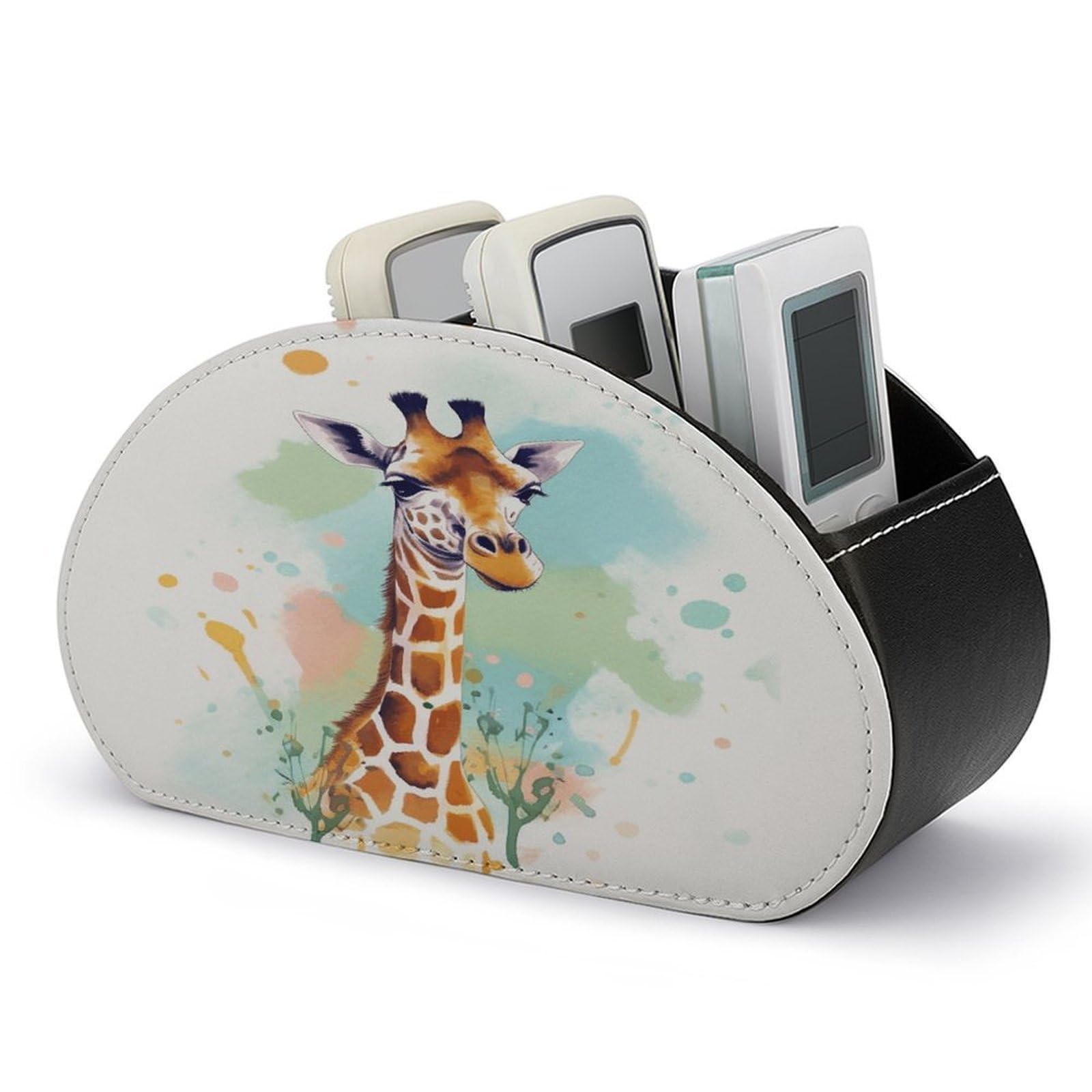 VstaDank Giraffe Art Illustration Remote Control Holder with 5 Compartments Pu Leather TV Remote Caddy Storage Box Desktop Organizer Store Controller DVD Brush Pens Glasses&Office Supplies