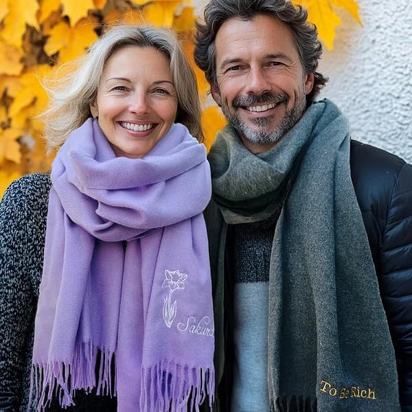 JINMA Personalized Embroidery Scarf for Men and Women - Custom Your Name Birthday Flower, Winter Tassel Edge Soft Warm Scarf, Christmas Gifts3