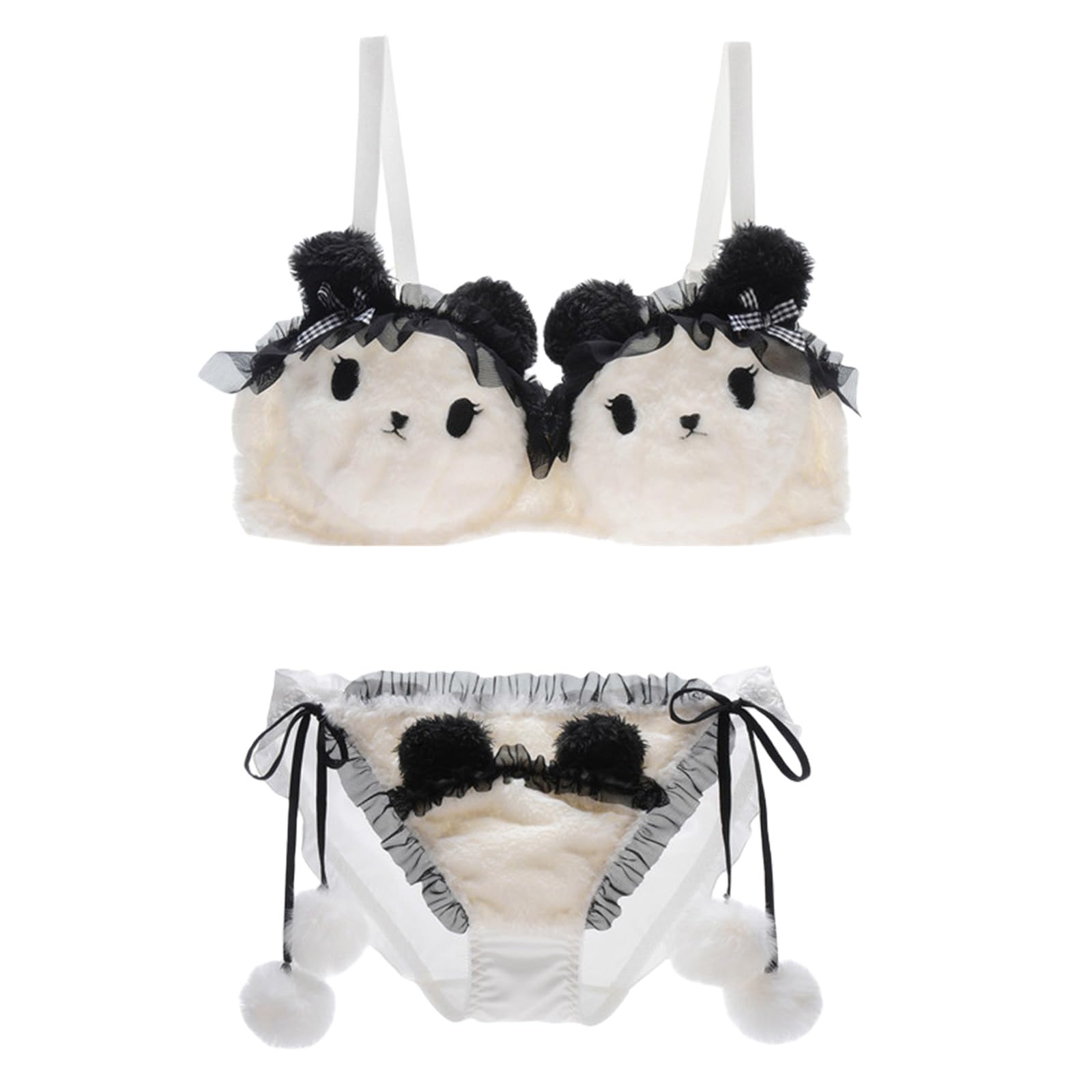 BELOWSYALER Women Cartoon Maid Bear 2Pcs Plush Bra and Panty Set Underwired Bralette Ruffle Mesh Underwear Cosplay Anime Lingerie