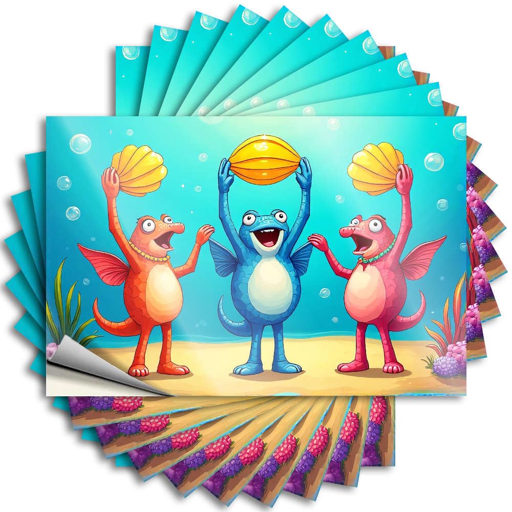 Lettering Sticker Farm Vinyl Sticker | Three Colorful Creatures Holding Seashells Underwater. Custom for Teacher Use(6X9CM)