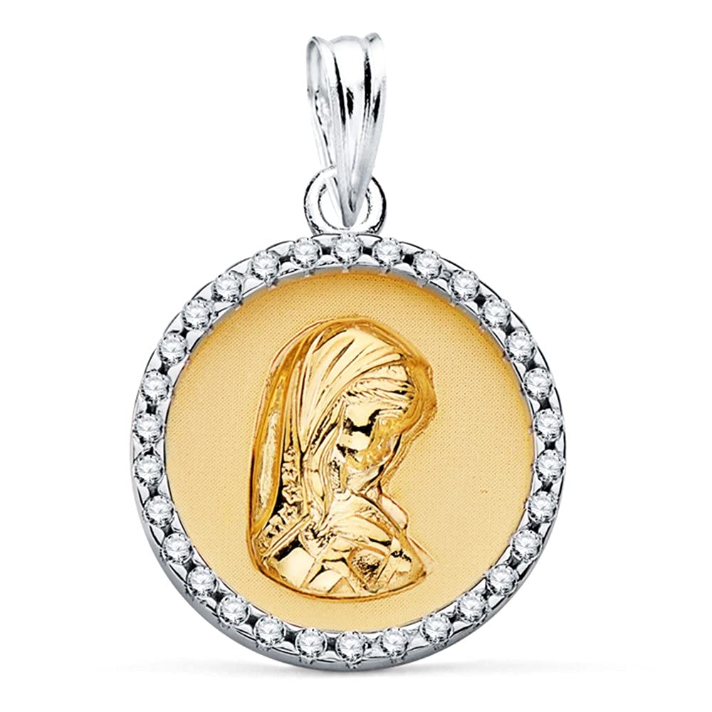 Medalla oro bicolor 18k Virgen Niña 16mm. cerco circonitas fondo liso