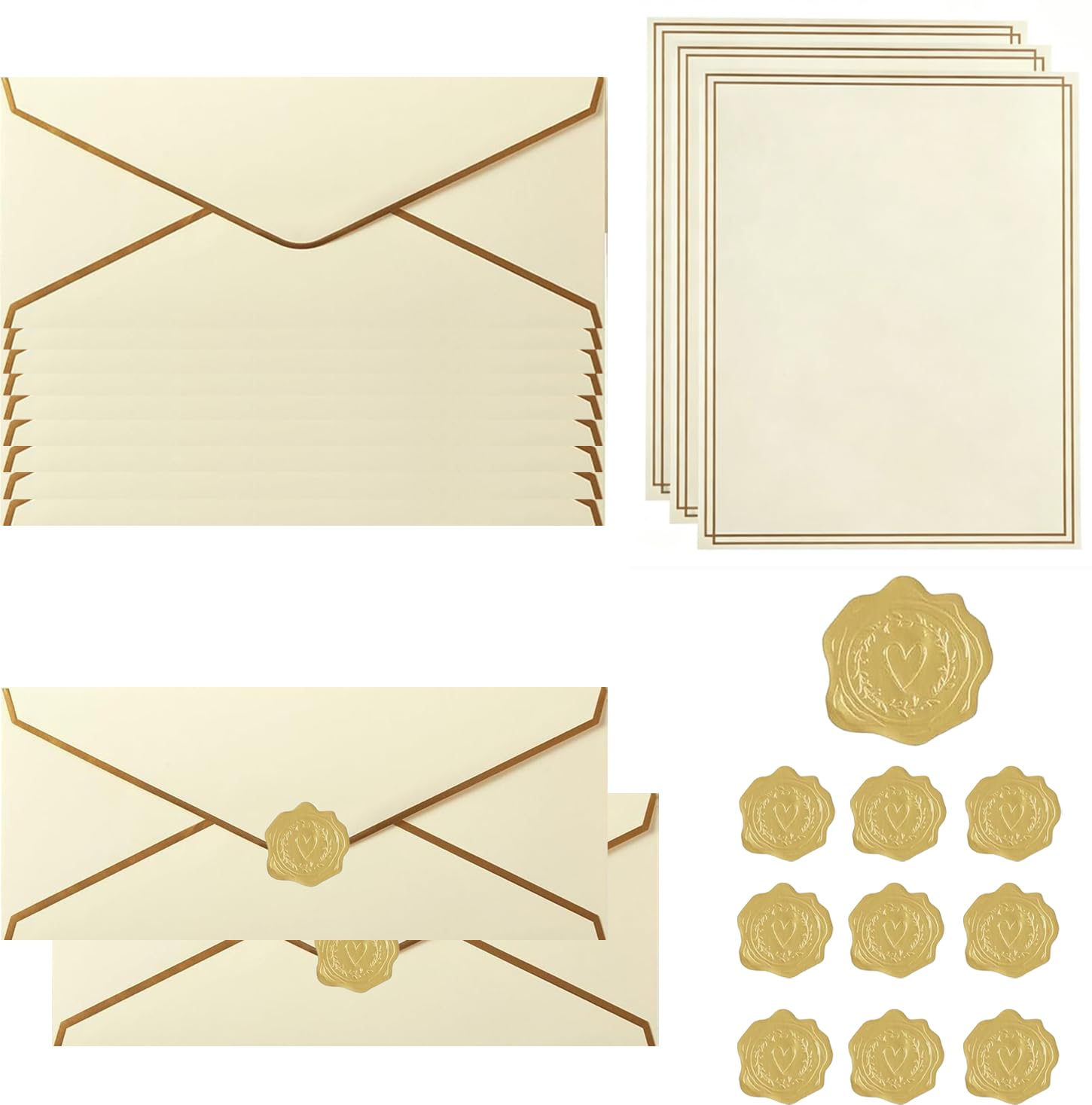 TIHNY 20PCS Invitation Envelopes with 24PCS Letter Paper, V-Flap Envelopes & Gold Stickers, Perfect for Business, Cards, Celebrations, Beige, 9.49 x 4.13 Inches