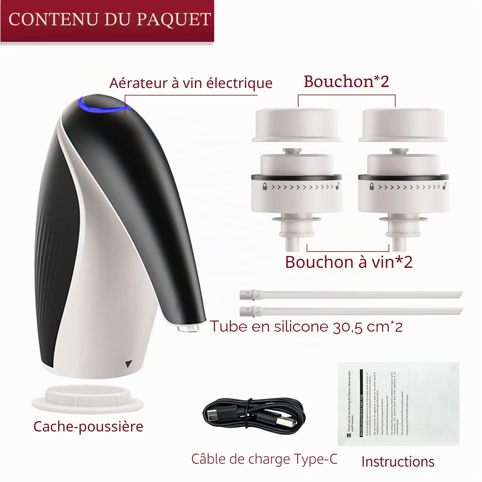 Carafe à Vin Électrique, Aérateur de Vin Automatique, Carafe Rechargeable Intelligente Pour Les Fêtes de Famille Avec 2 Bouchons de Vin, Noir