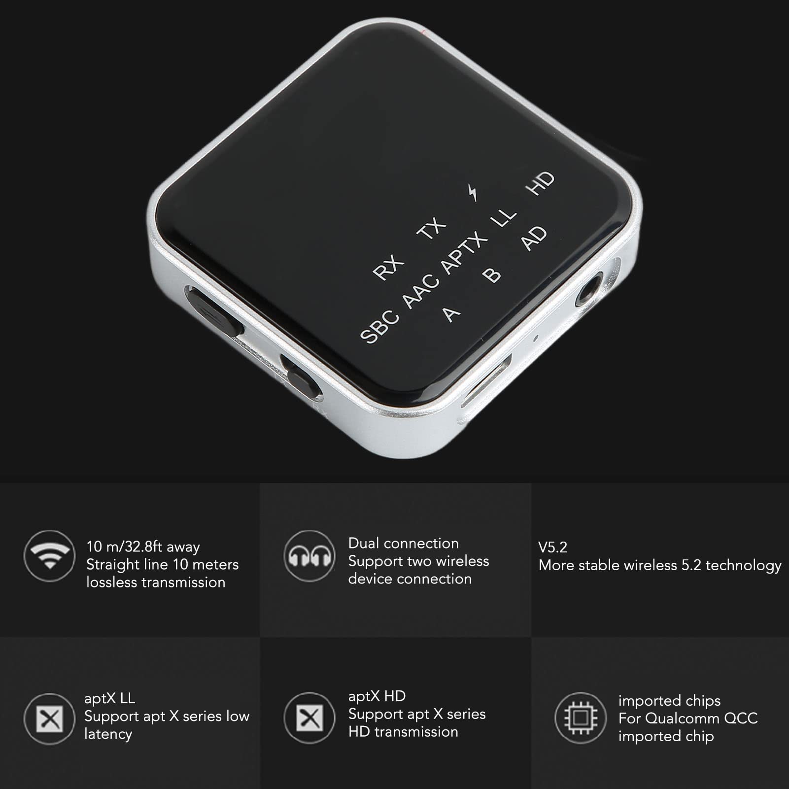 Transmetteur et Récepteur Bluetooth 5.2, Adaptateur Bluetooth sans Fil 2 en 1, Adaptateur Audio Bluetooth APTX à Faible Latence avec Interface AUX 3,5 Mm pour TV, PC, Système Stéréo Domestique