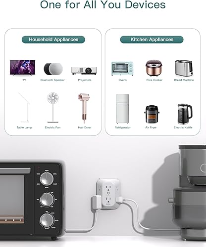 Miniatura 7 de Paquete de 2 extensores de salida con protector de sobretensión, divisor de tomacorriente, 6 tomas de corriente alterna de pared, adaptador de