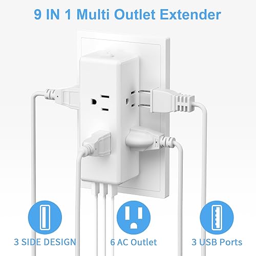 Miniatura 2 de HICITY - Extensor de enchufe multisalida, divisor de salida con 6 salidas de CA y 3 puertos USB, protector de sobretensiones, extensor de enchufe de