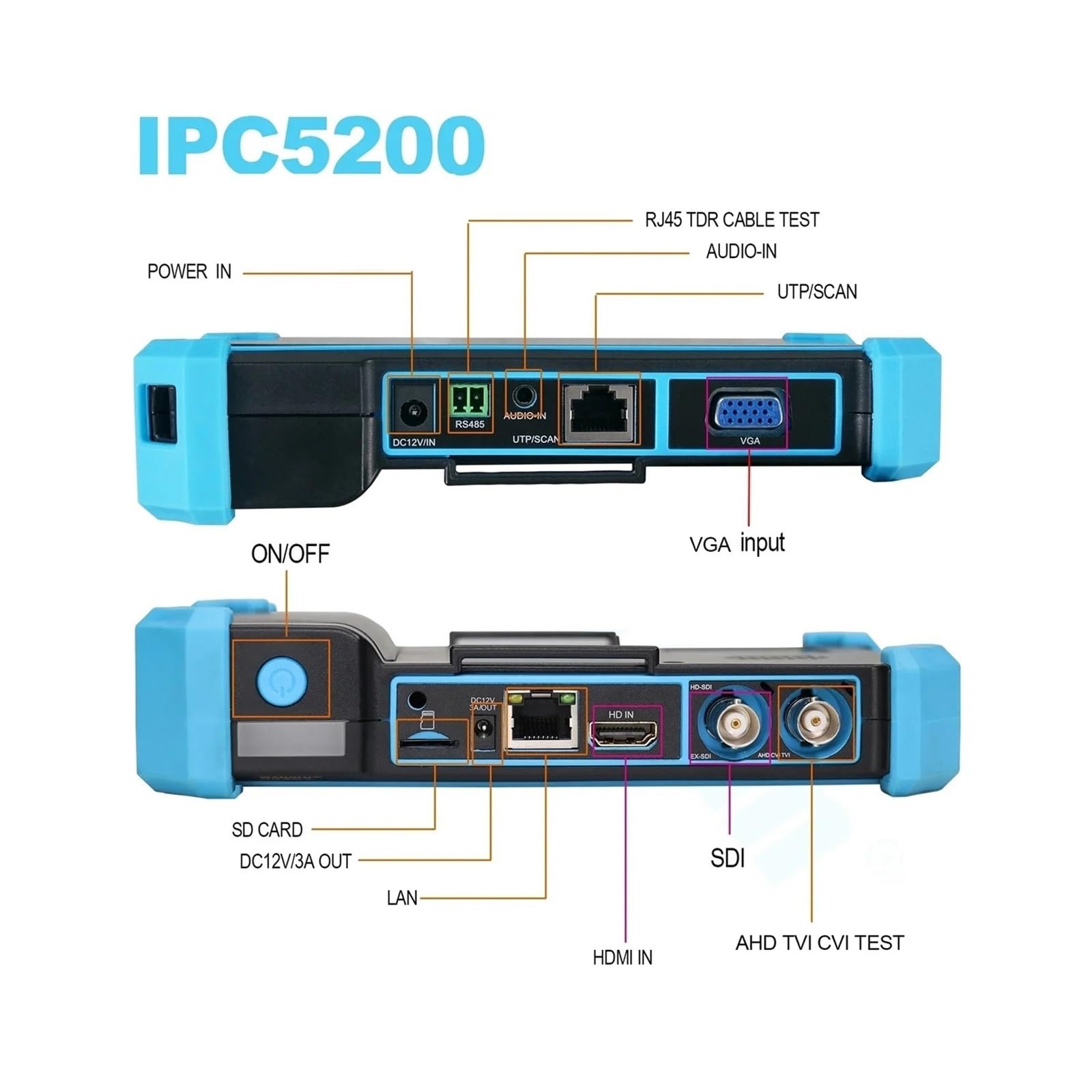 Tester CCTV, IPC-5200 Plus Full HD 8MP Cvi Tvi | Z Ahd Cvbs Monitor Kamera IP 5.4 cala IPS Ekran Dotykowy Sterowanie PTZ Tester CCTV do testowania kamer CCTV i IP.