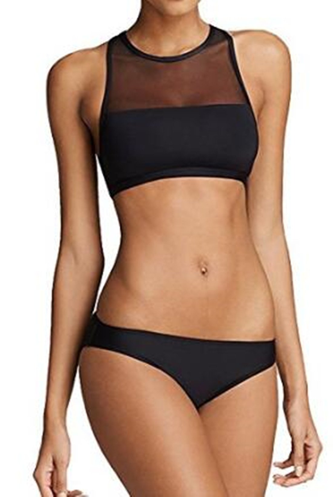 LALACOCO Women's Racer Mesh High Neck One Piece Swimsuits Two Pieces Bikini Set Black XL