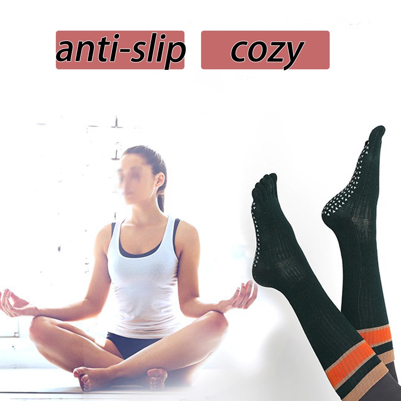 CHUNFO Five-Toe Grip Womens Pilates Calf Socks Straps Yoga Anti-slip Cotton Barre Sock Size5-9.5