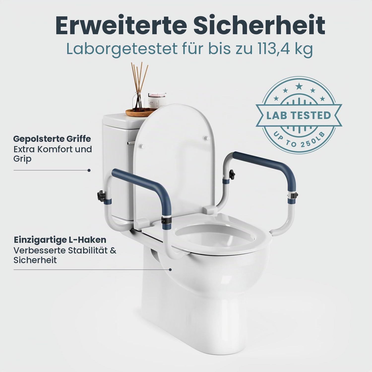 PELEGON WC-Sicherheitsschienen (113,4 kg) – Verstellbare Sicherheitsschienen, Toilettenstange für Senioren, WC-Sitz mit Griffen