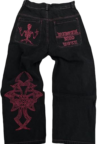 OATSBAS Y2K Beggy Jeans for Women Men Denim Pants Skull Embroidery Gothic Jeans Straight Wide Leg Trouser